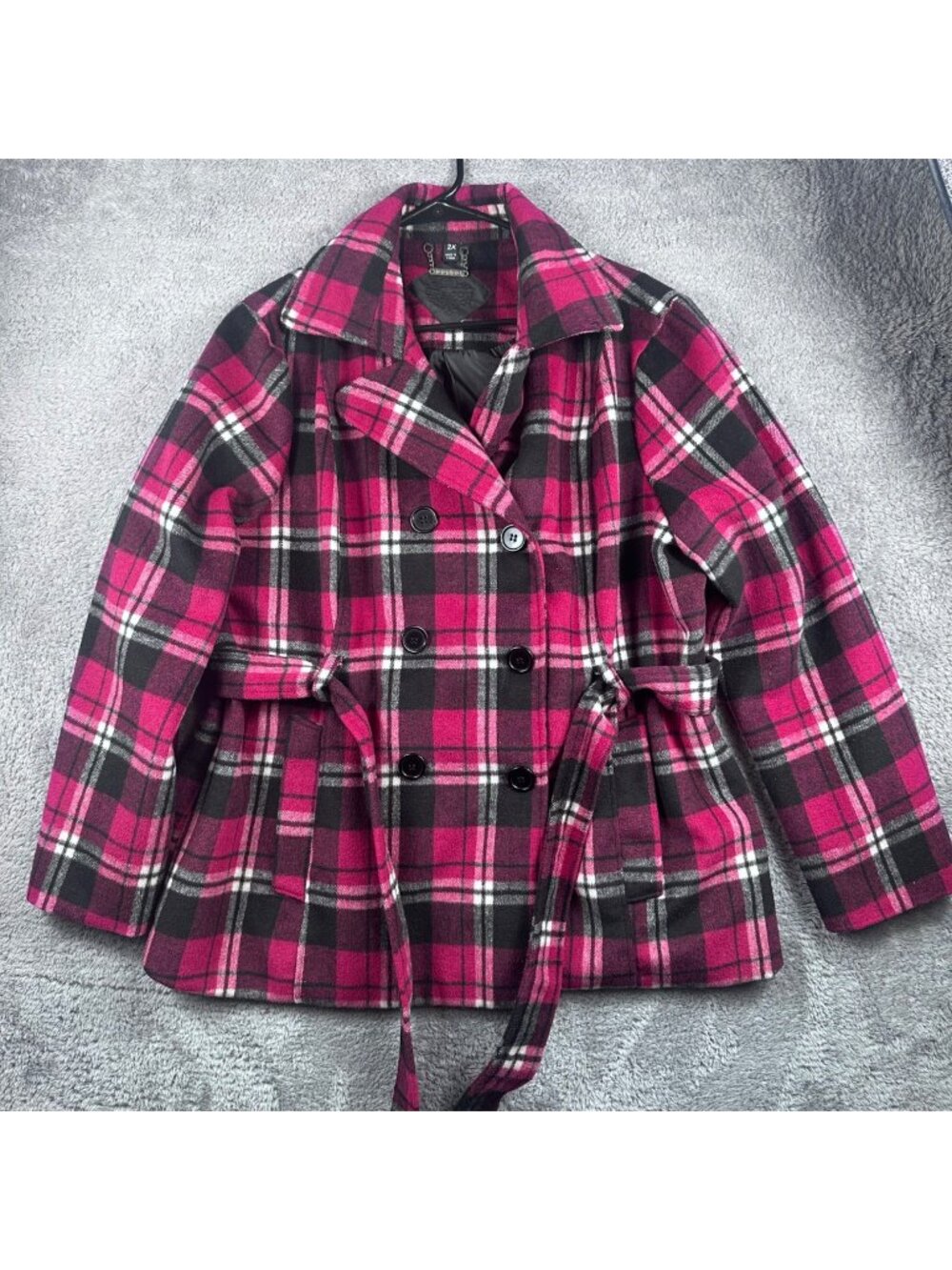 JoJo Plaid Double-Breasted Peacoat With Belted Waist 2X Pink/Black/White Made In